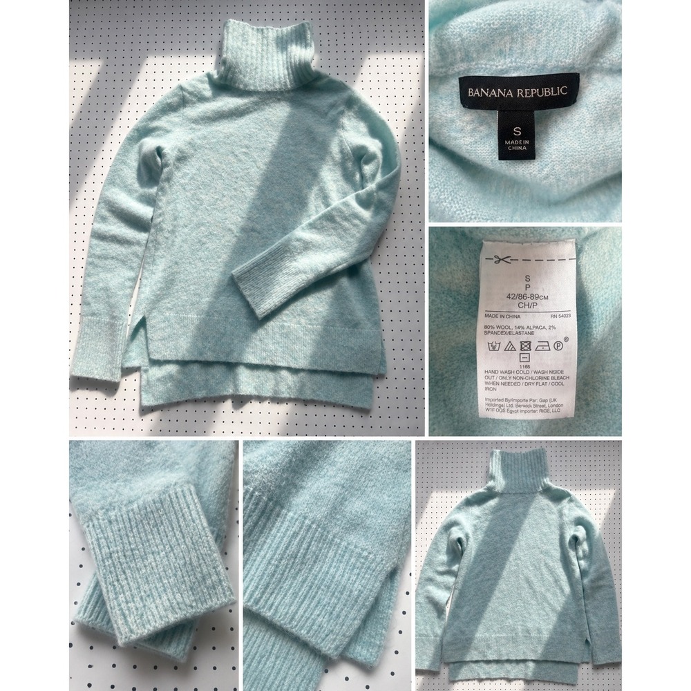 Banana Republic Wool Alpaca Turtleneck Sweater S Icy Blue Soft Cozy Knit Jumper